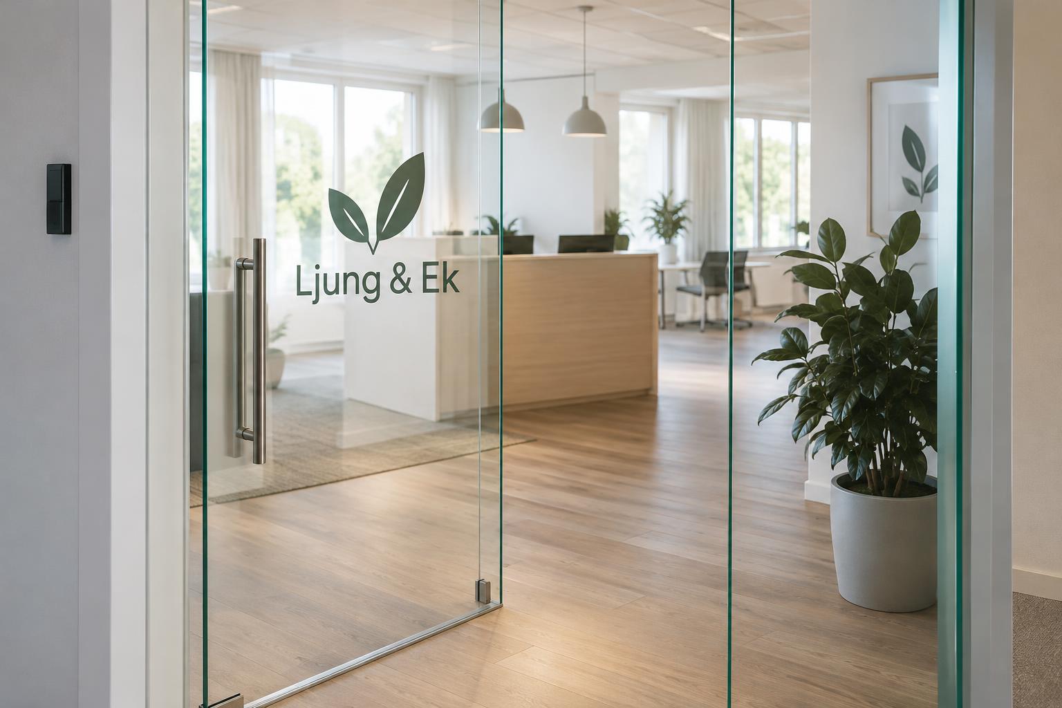 Glas med logotyp för reception och entré – exempel 2
