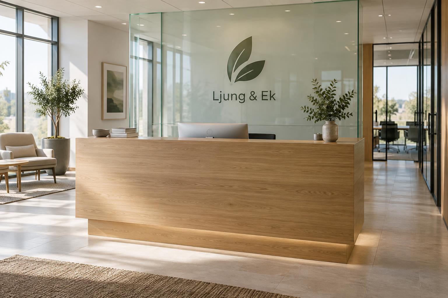 Glas med logotyp bakom reception